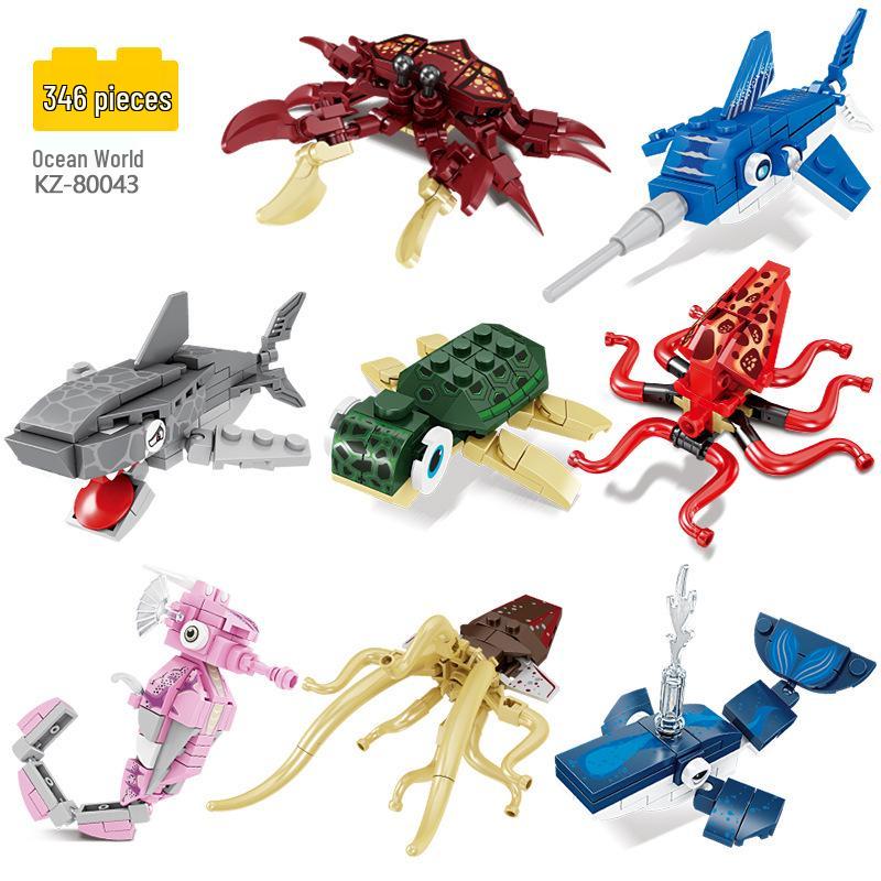 Ocean World Animal Blocks: Octopus, Crab, Turtle, Squid, Whale Model Set