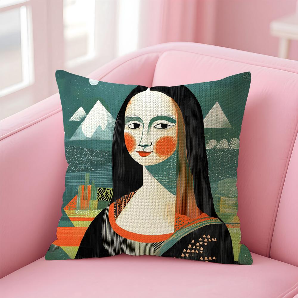 Mona Lisa Art Cushion Cover Natural Linen Pillow Case DoubleSided Print Decorative Sofa Pillowcase Home Decor Gift