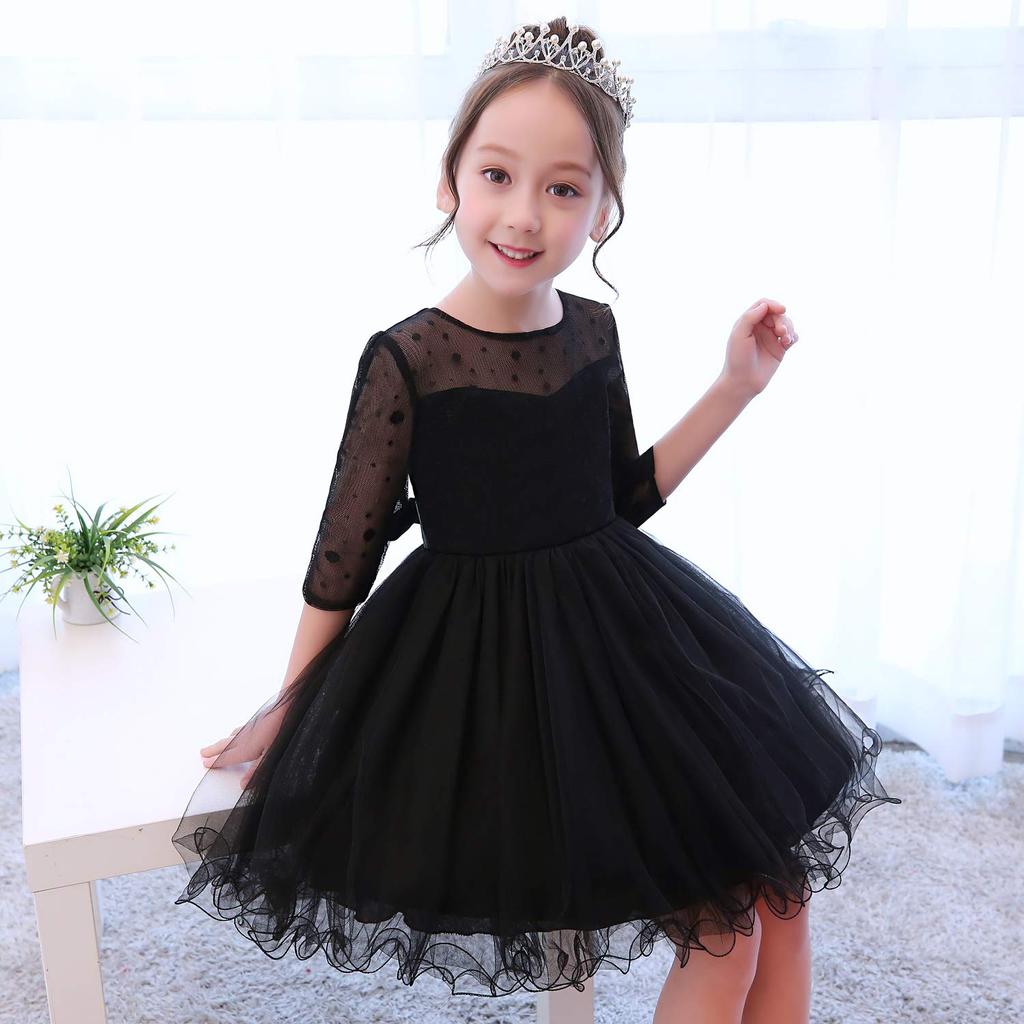 Weileenice Piano Recital Size Formal Soft Embroidered Lace Dress with Sleeves Children's Dress, Black, 110, Girls' Dress, Wedding, Shichi-Go-San,