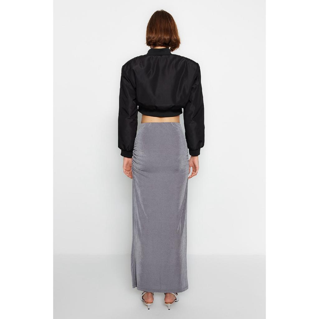 Navy Blue Premium Shiny Surface And Soft Textured Draped Maxi Knitted Skirt Twoaw24et00090