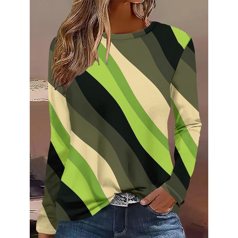 Round Neck 3D Striped Printed Top Casual Long Sleeved Women's T-shirts - Soft Medium Stretch Polyester Fabric Spring and Autumn Relaxed Fit Clothing