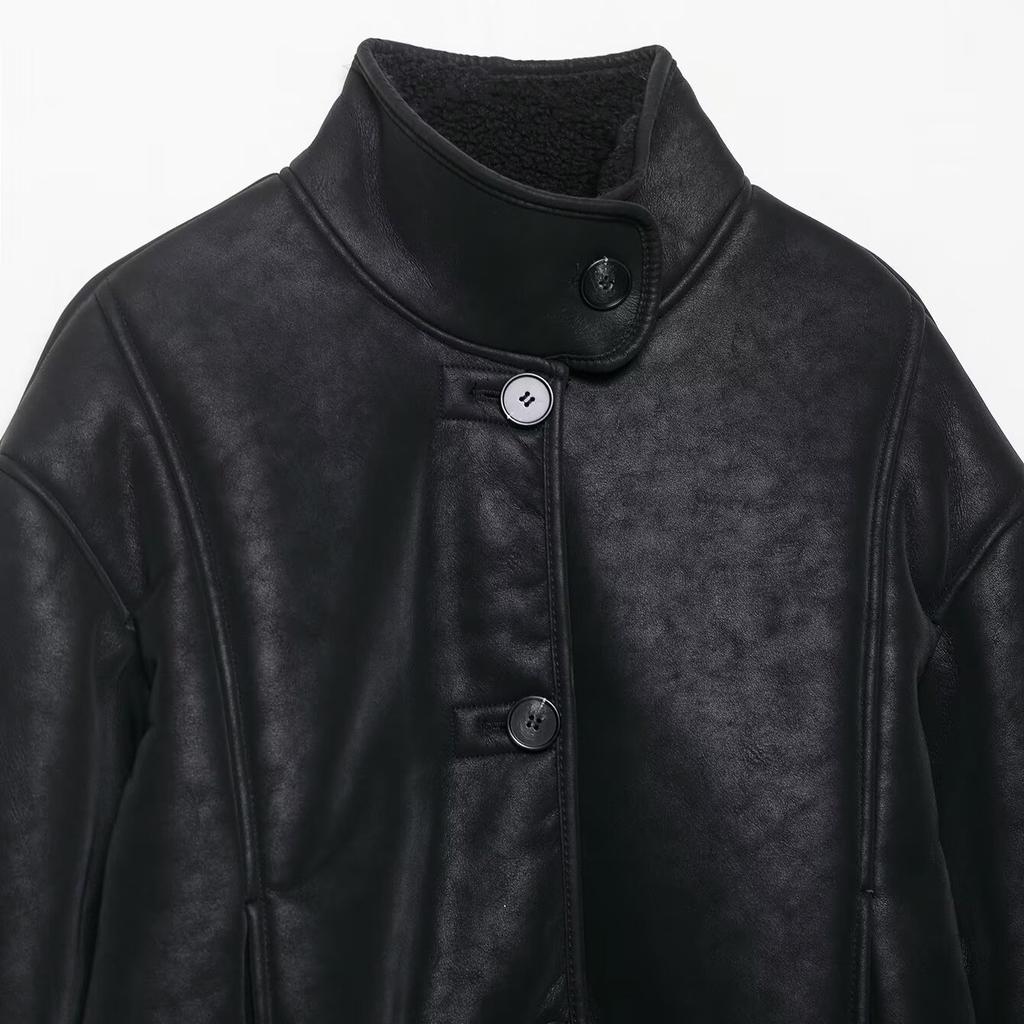 European-American Style Black Suede Leather Jacket for Women, Short Winter New Shearling Jacket
