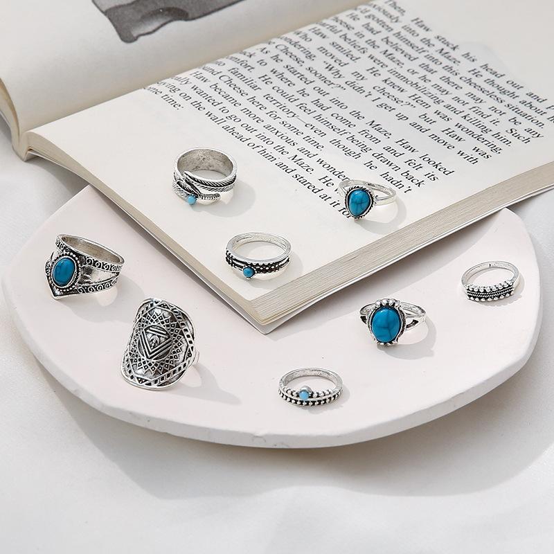 Fashionable Boho Style Turquoise Leaf Totem 8-piece Ring Set for Women