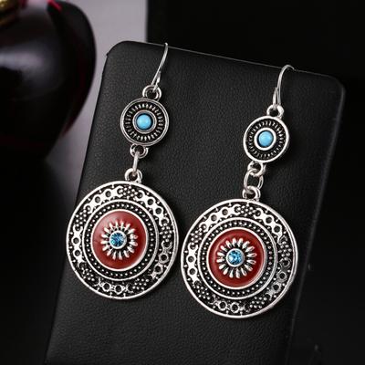 Damen-Ohrringe mit Strass-Intarsien, Emaille-Blume, lang, ethnisch, rund, mit Haken