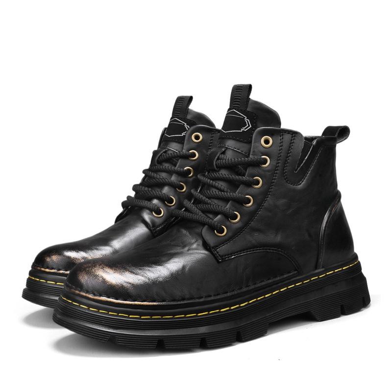 Herren Retro Martin Stiefel: Echtleder, Höhenvergrößernd, Dicksohlig, Mid-Top, Distressed Outdoor-Arbeitsstiefel