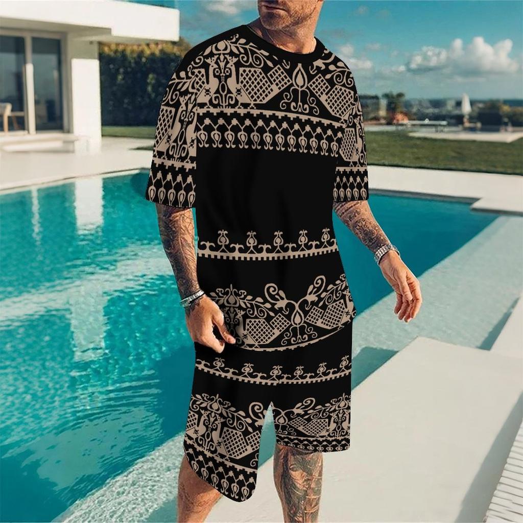 Men Black Gold Ethnic Peacock Border Print Short Sleeve Tee And Matching Shorts Two Piece Outfit