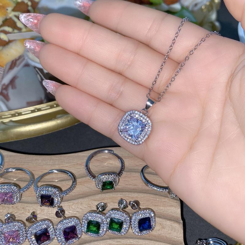 Purple & Pink Gemstone Jewelry Set: Grape Stud Earrings and Asscher Cut Adjustable Ring