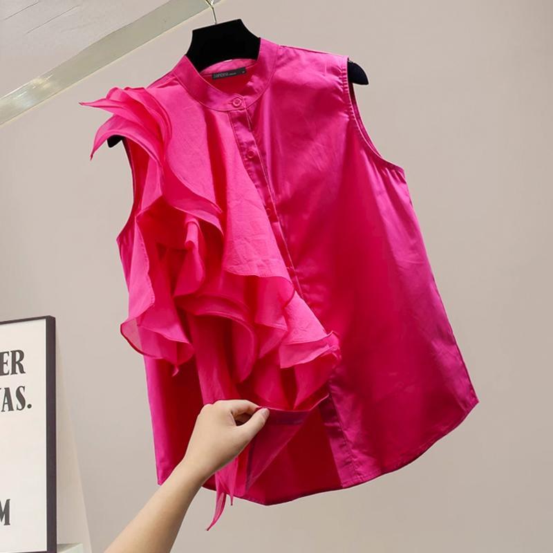 

ZANZEA женская летняя свободная блузка без рукавов с круглым вырезом и пуговицами, однотонная