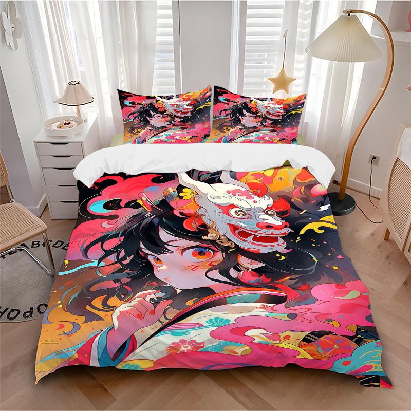 3pcs Whimsical Dragon Mask Quilt Set Cartoon Themed Bed Quilt Set Lovely Character Bedroom Decor Bed Quilt Set Four Seasons (1 Cover + 2Pillowcas