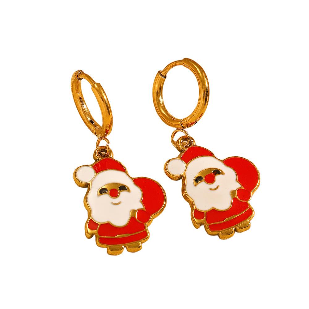 Festive Christmas Earrings: Snowflake, Tree & Santa Claus Stainless Steel Ear Cuffs with Drip Oil