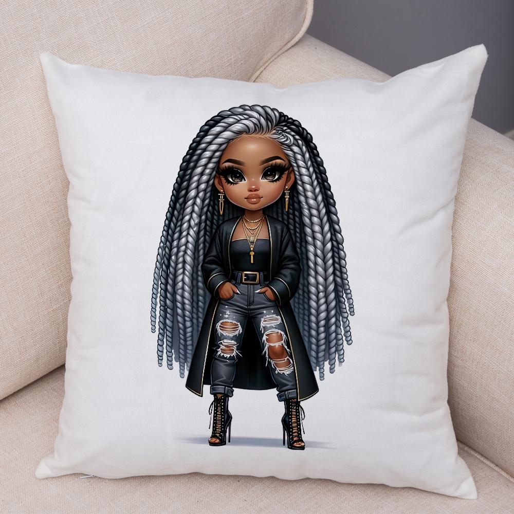 Fashion Cartoon African Girl Pillow Case Soft Plush Cushion Cover for Sofa Home Decor Cute Black Women Throw Pillowcase