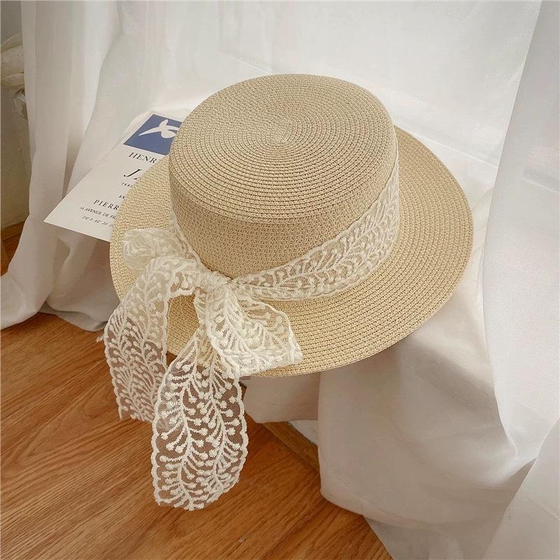 Small Fresh Pastoral Style Fashionable Versatile Flat-top Lace Sun Hat Women's Straw Weaving Travel Sun Hat Sun Protection Big Eaves