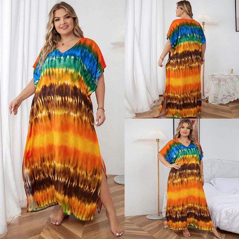 European-American Rayon Print Plus Size Beach Cover-Up Dress & Long Robe
