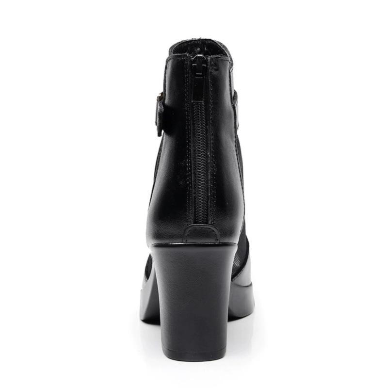 Spring and summer catwalk mesh yarn first layer cowhide women's shoes thick heel middle heel fish mouth versatile comfortable cool leather s