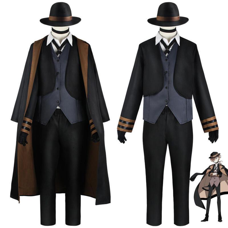 Kostým pro cosplay Nakahara Chuuya včetně klobouku, uniformy, trenčkotu a kalhot. Velké velikosti. Oblečení na halloweenskou párty pro Comic Con.