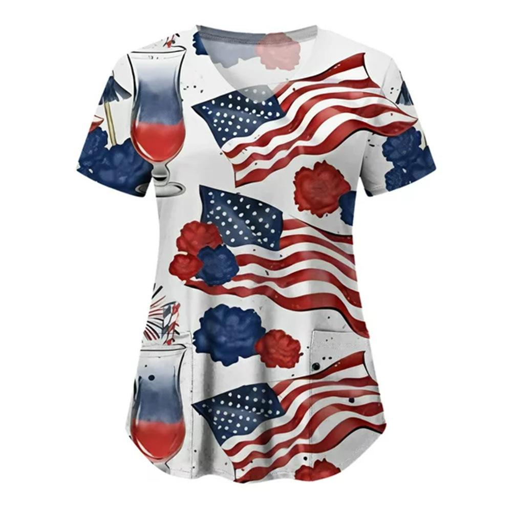 Women's T-shirt V-neck Nurse Uniform Star Print Casual Comfortable Short Sleeved Women's T-shirts