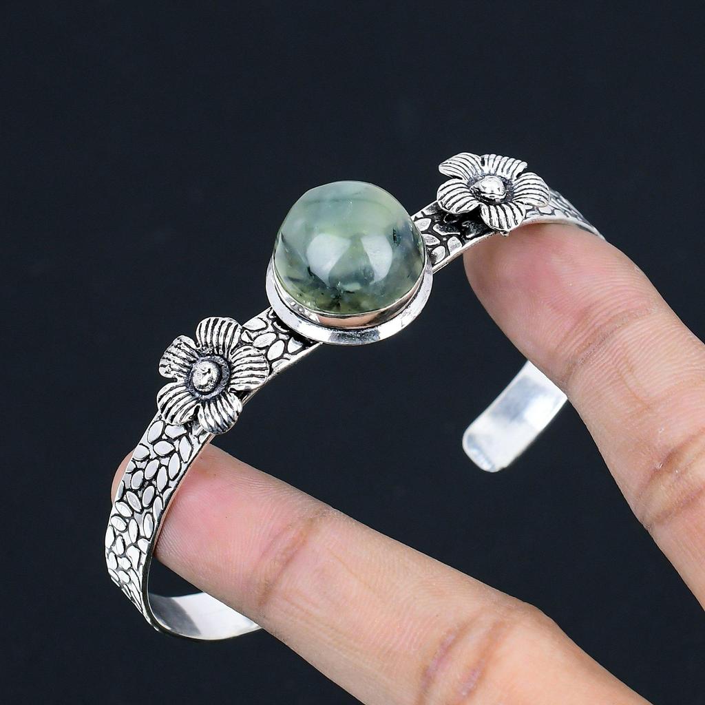 Halloween Sale 925 Sterling Silver Round Moss Prehnite Stone Wife Flower Bangle