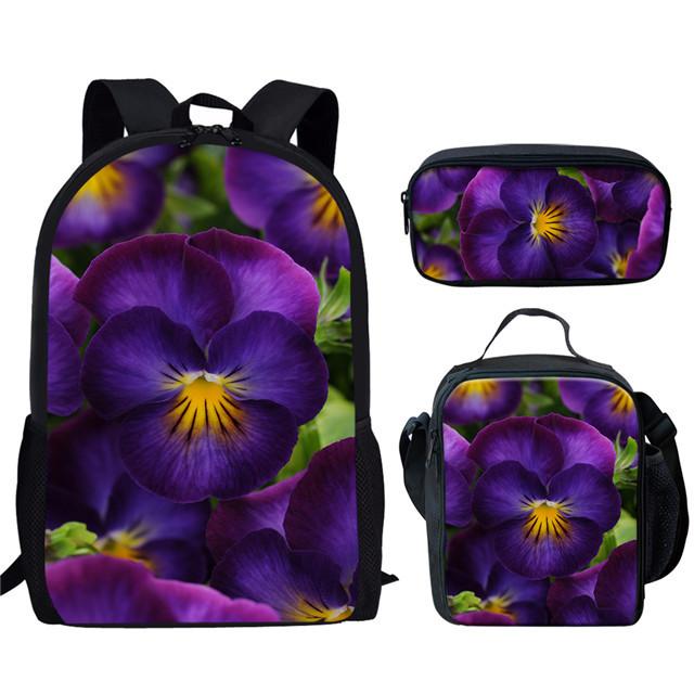 Classique Populaire Drôle Beau Violet Lilas Impression 3D 3 pièces/Ensemble élève Sacs d'école Sac à dos pour ordinateur portable Sac à dos Sac à lunch Trousse