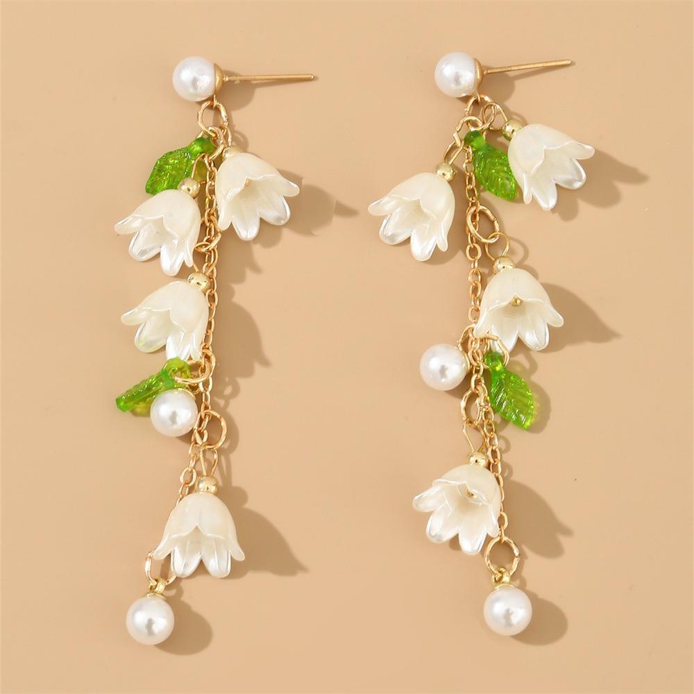 Pearl Flowers Jewelry Set Hand Chain May Bells Earrings Lilies of The Valley Necklace  Women