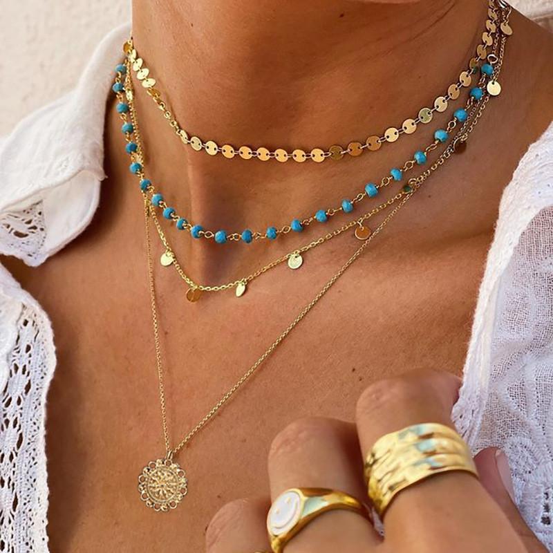 Unique Necklace Multilayered With Alloy Geometric Shapes And Eyecatching Turquoise Beads