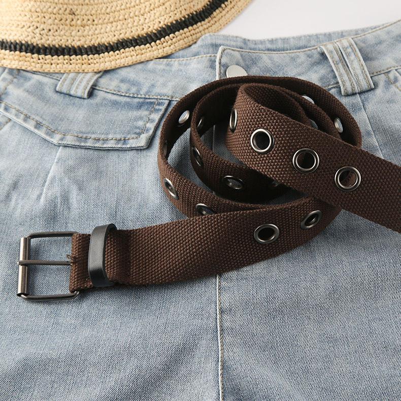 Chic Brown Canvas Belt With Hollow Out Eyeball Design For Men And Women Extra Long In Stock