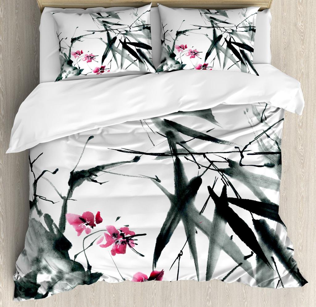 Japanese Duvet Cover Set,Branch Of A Flourishing Sakura Tree Flower Cherry Blossoms Spring Theme Art Japan Bedding Set Full Size