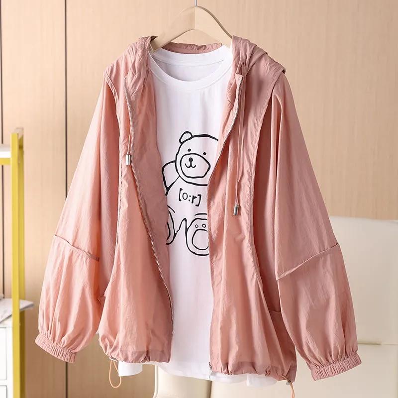 Simple Female Summer Leisure Versatile Hooded Sunscreen Tops  Jacket Women Solid Color Loose Fit Hooded Sunscreen Flothing Coat