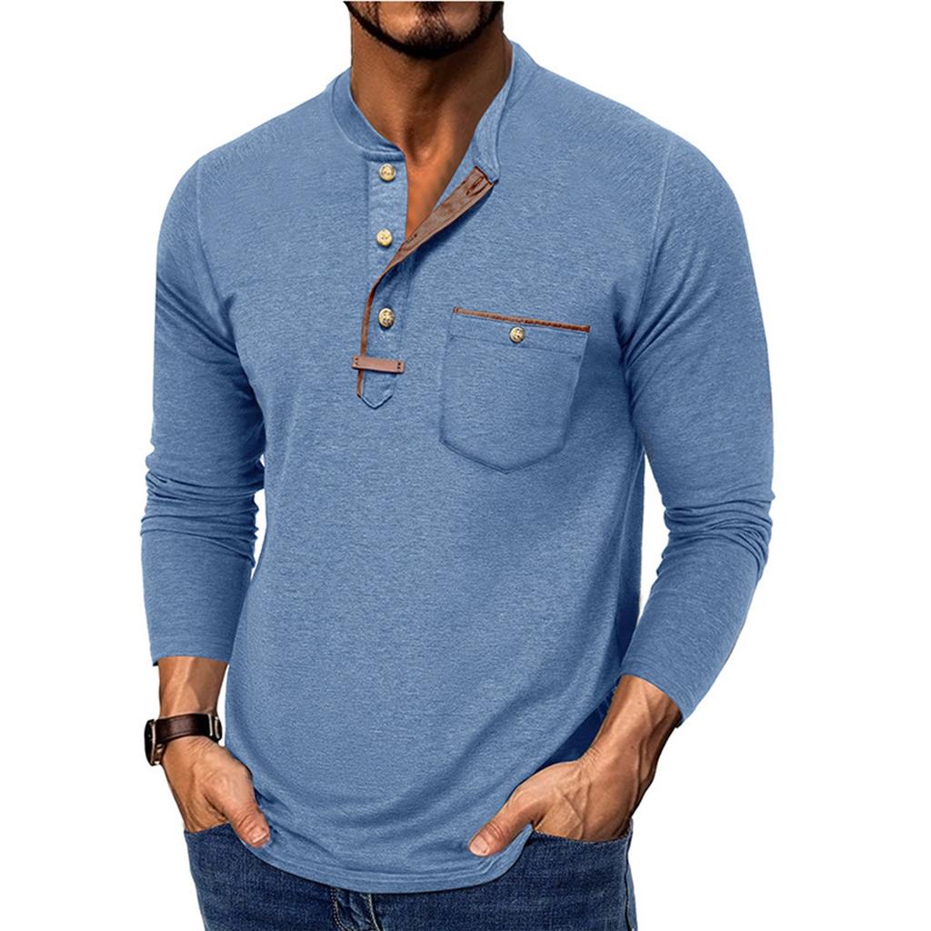 Men's Spring And Solid Color T-shirt Lapel 3 Button Open Placket Button Long Sleeved Top