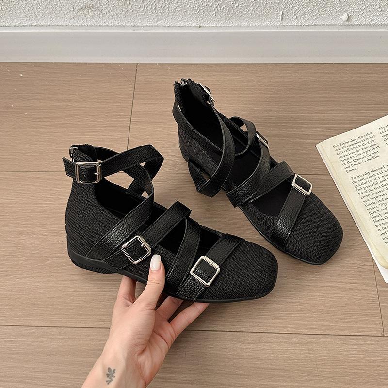 

Весна и Осень Новый Дизайн Туфли-балетки на плоской подошве с перекрестной пряжкой Квадратные Универсальные Женские Одинарные Туфли 39 чёрный