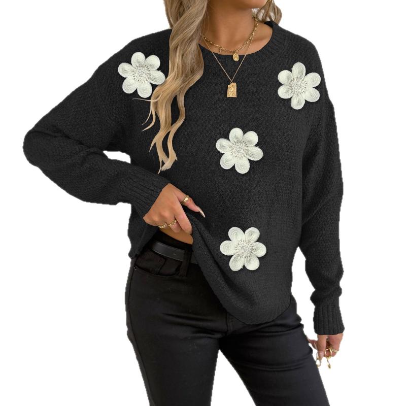 Damen Pullover mit Blumenverzierungen Rundhalsausschnitt Lockerer Schnitt Langarm Strickoberteil Mehrfarbig Lässig Mode Pullover