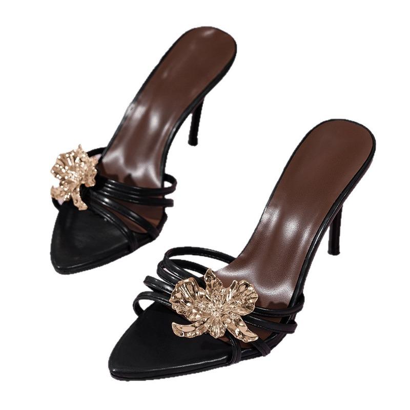 Summer new high-heeled cool slippers women's large-size stiletto one-word flower sexy pointed high-heeled women's shoes