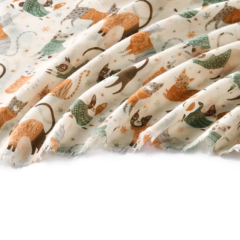 Japanese Literary Ideas Cat Bali Yarn Printed Long Scarf Versatile Fashion Women's Scarf Fresh and Soft Sun Protection Shawl