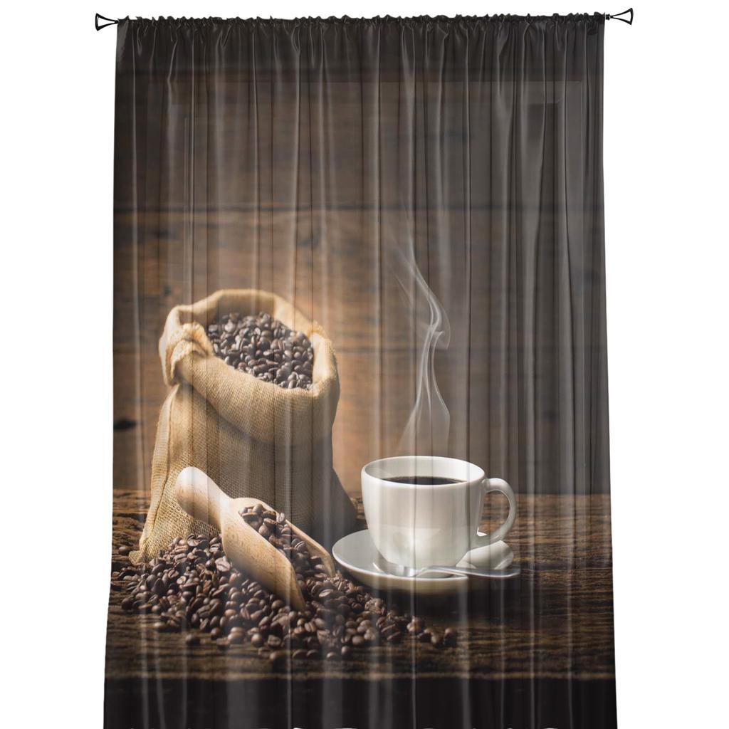 Coffee Cup Coffee Beans Modern Curtain For Living Room Transparent Tulle Curtains Window Sheer For The Bedroom Accessories Decor