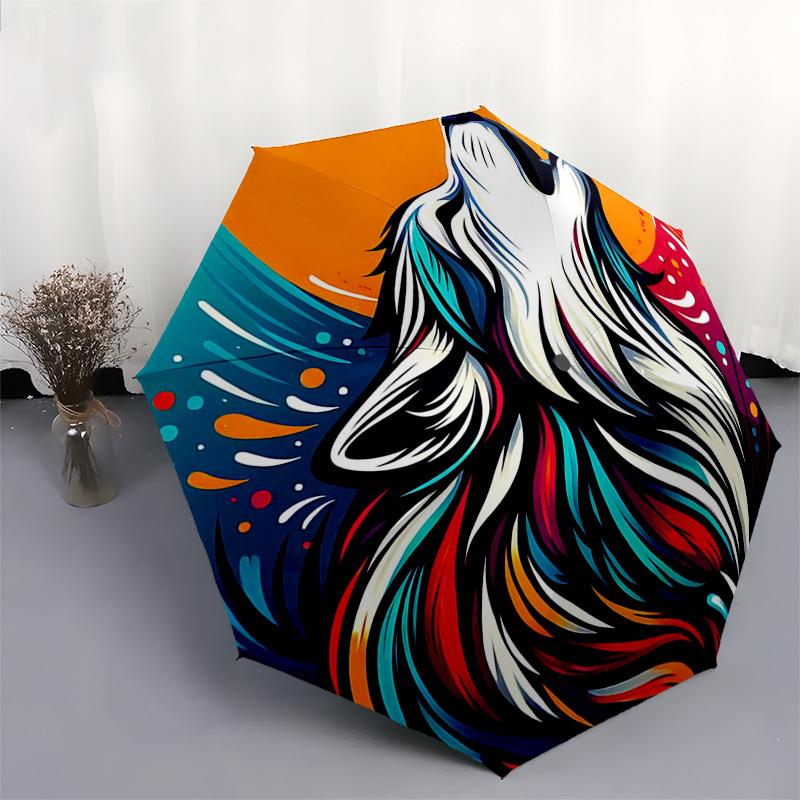 1pc Colorful Wolf Howling Moon Automatic Folding Umbrella - Portable 3-Fold Design, 8-Rib Iron Frame Outdoor Umbrella, Ideal Gift for Fans, Travelers,