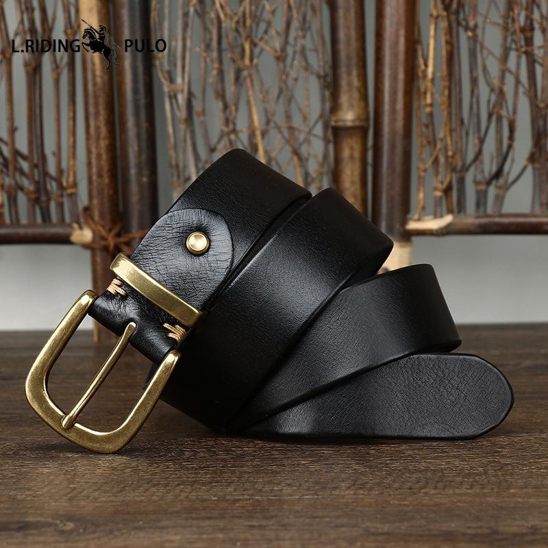 Ceinture en Cuir Véritable Cuir de Vachette Grain Supérieur Lavé Rétro pour Homme avec Boucle en Laiton, Nouvelle Ceinture Tendance Style Coréen