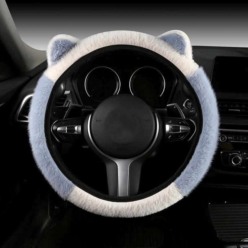 Winter Plüsch Patchwork Auto Lenkradbezug mit niedlichen Hasenohren, Ohne inneres Gummiband, Universeller Griffbezug