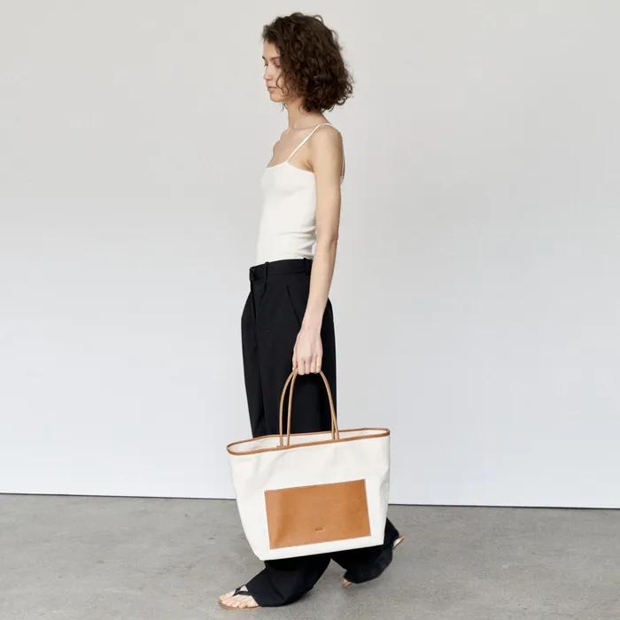 Leather Strap Canvas Bag - Tan