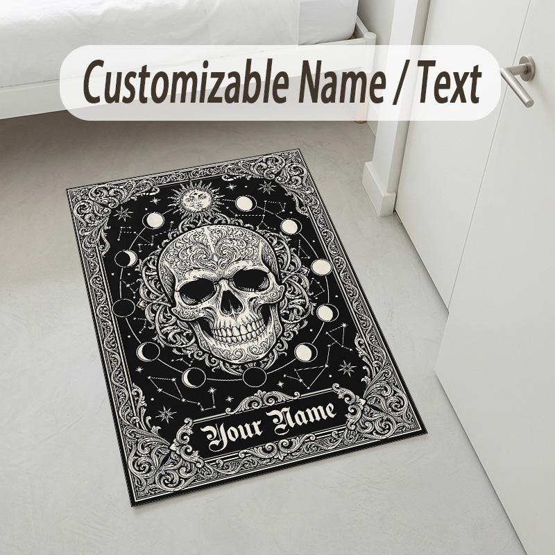 Ethereal Skull Theme Soft Crystal Velvet Rug Custom Name & Text Print Non Slip Floor Rug for Bedroom Living Room