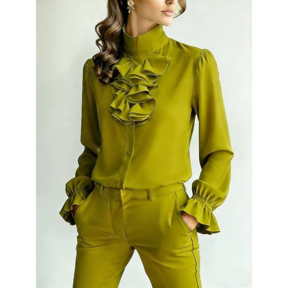 Spring and Autumn New Temperament Commuting Loose Stand-up Collar Solid Color Ruffle Edge Women's Shirt