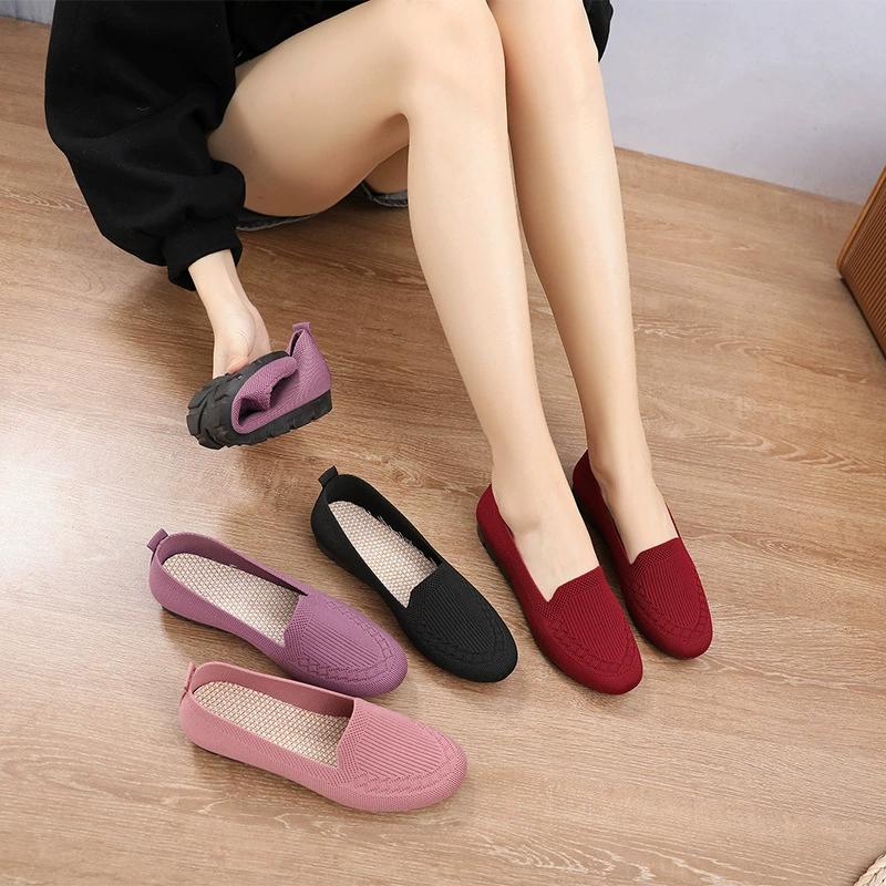 Summer Women's Solid Color Knit Loafers Lightweight Soft Sole Breathable Mother's Shoes Anti Slip Flat Shoes for Casual Wear