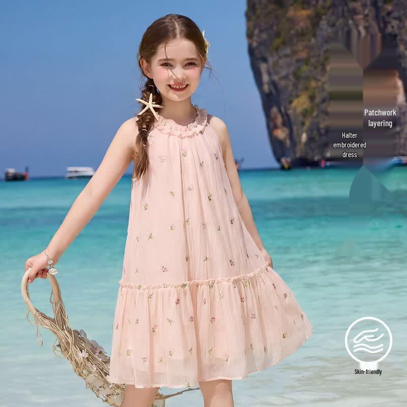 ASK JUNIOR Girls Summer Sleeveless Halter Princess Mesh Dress 120