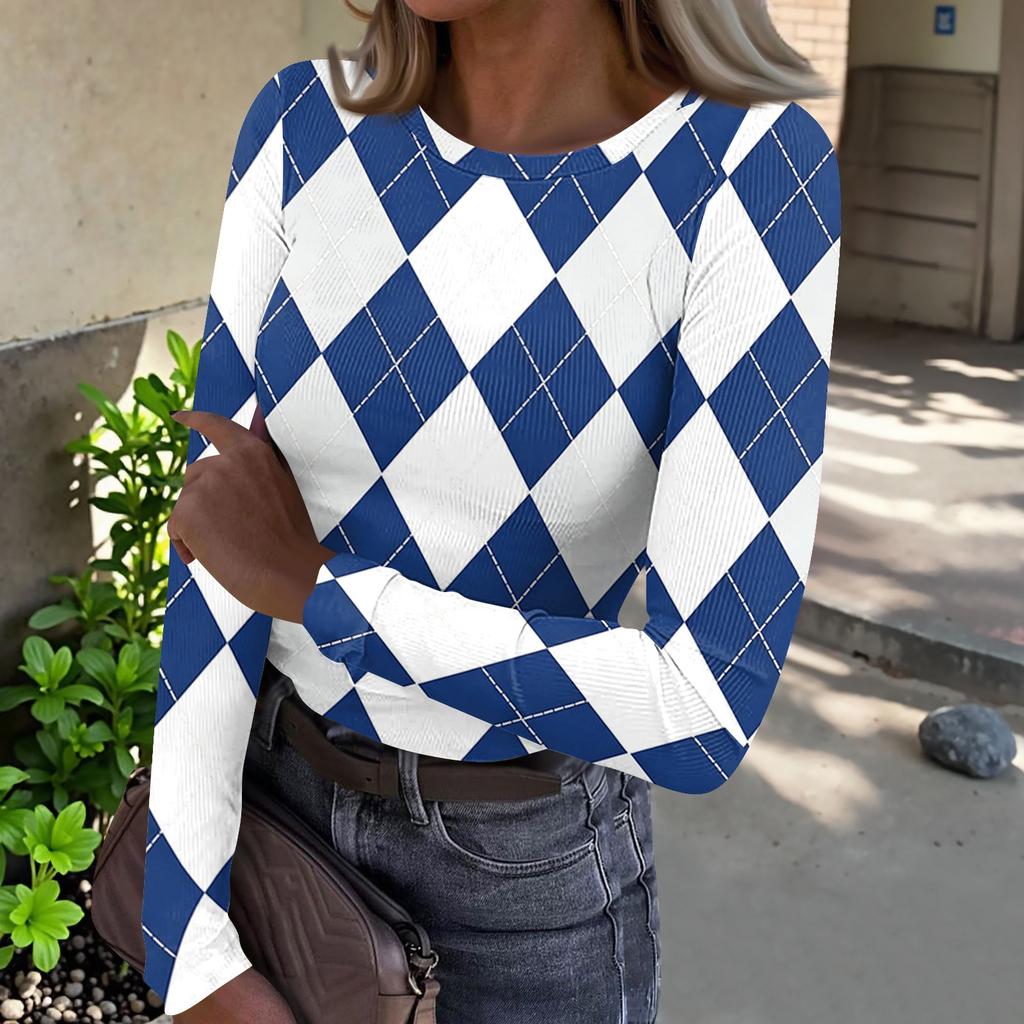 Women's Casual Plaid Print Crewneck Long Sleeve Ribbed Top for Everyday Wear and Work