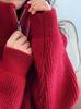 Women's Red High-Collar Zipper Knit Sweater - Short, Thick, Loose Fit for Autumn/Winter