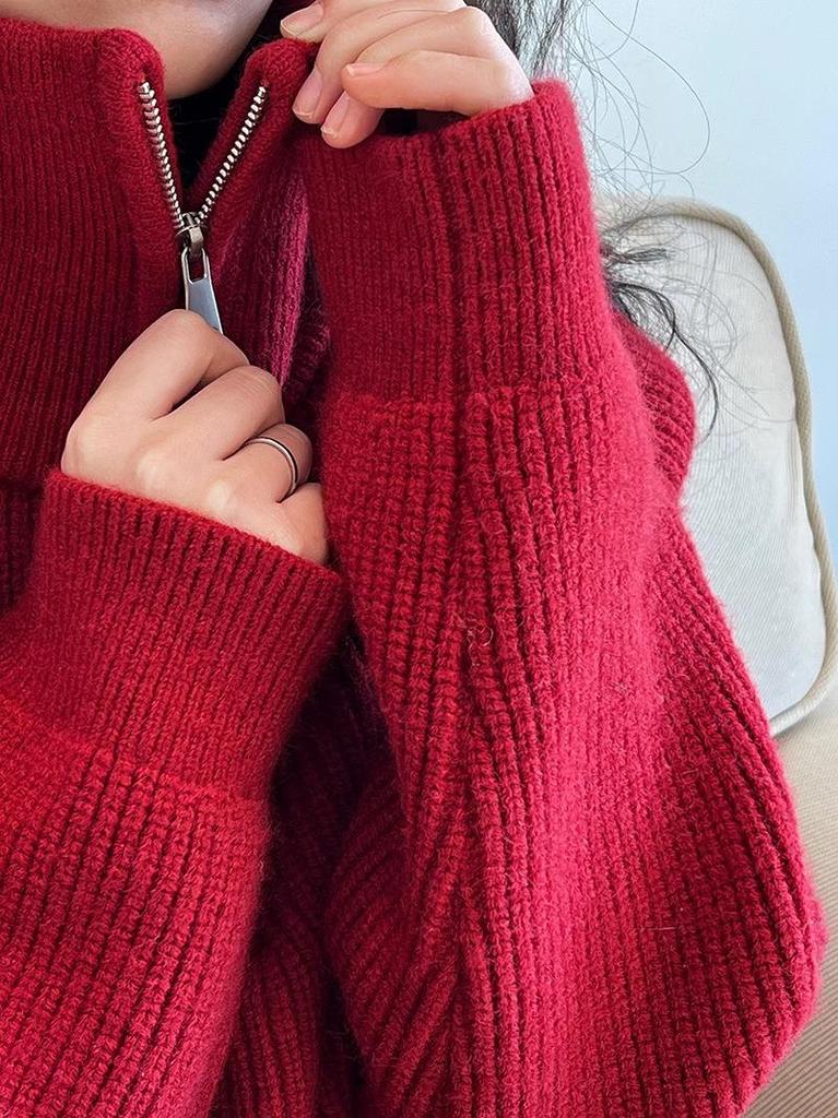Women's Red High-Collar Zipper Knit Sweater - Short, Thick, Loose Fit for Autumn/Winter