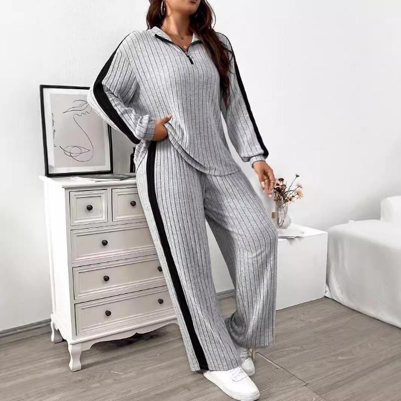 Women Plus Size Lazy Style Loose Casual Color Block Two Piece Sweatshirt Pants Set
