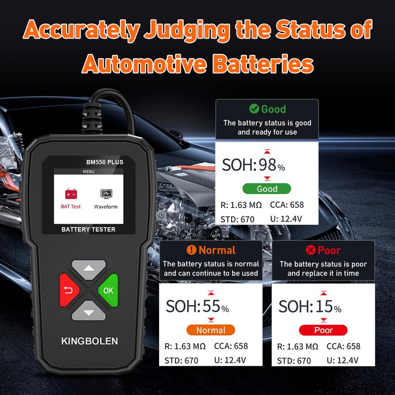 KINGBOLEN BM550 PLUS Tester autobaterií 6V 12V 24V LED displej 100-2000 CCA 2-200Ah Tester alternátoru automobilu Digitální baterie