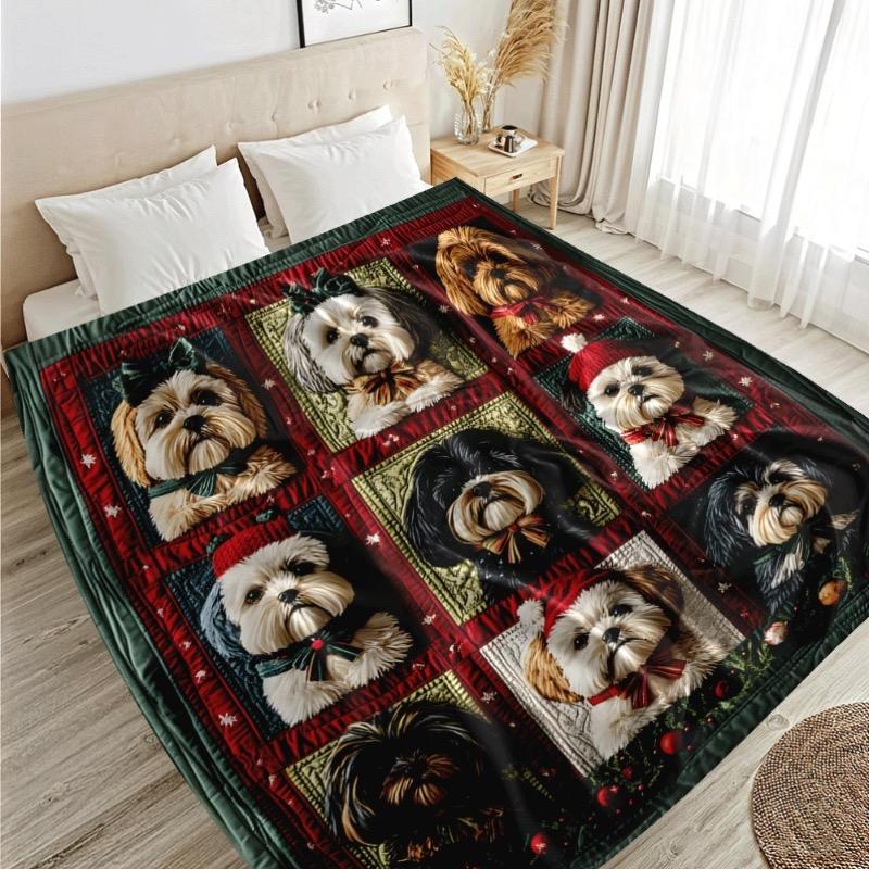 Shih Tzu Hund-Themen-Decke mit festlichem Weihnachtsdesign - Gemütliche Flanell-Kuscheldecke mit entzückenden Shih Tzu-Porträts