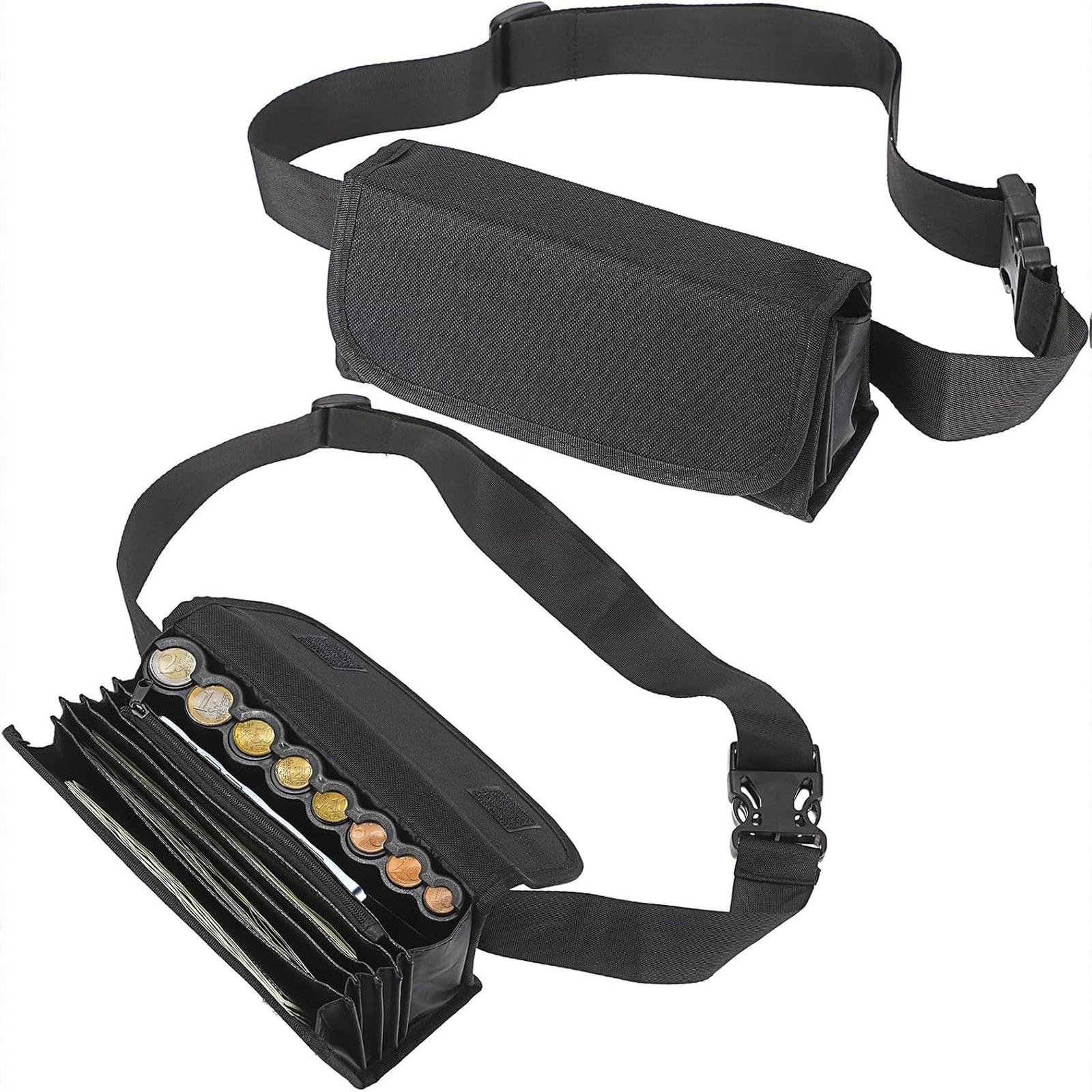 

Холщовый кошелек для наличных с отделением для монет, регулируемый ремень, большая вместимость, сумка для наличных, держатель для монет для мужчин, портативная поясная сумка One Size чёрный