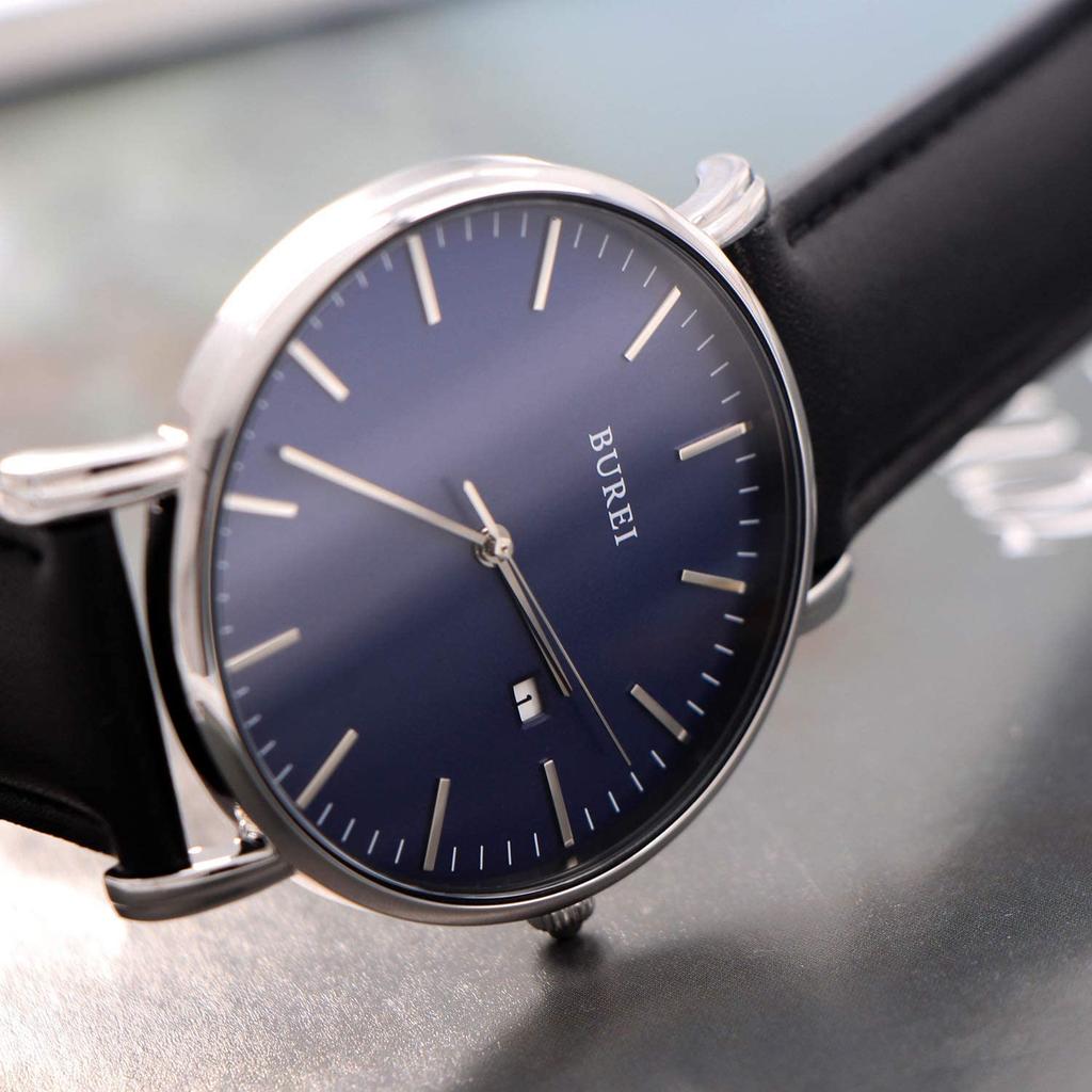 BUREI Men's Leather Waterproof Analog Business Wristwatch Slim Style Date Quartz White Black