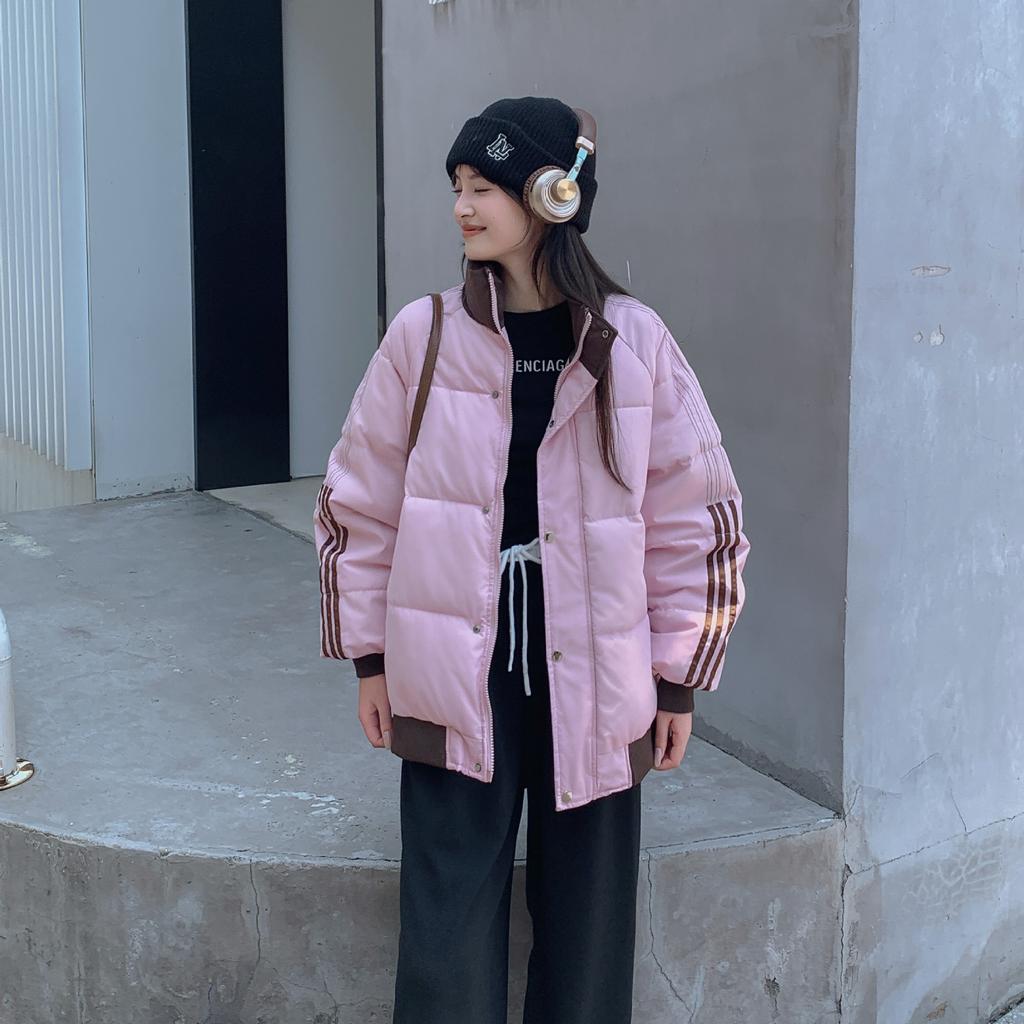 Splicing Contrast Thickened Stand-up Collar Padded Clothes for Schoolgirls 2025 Winter Design Striped Cotton Jacket Bread Jacket Jacket